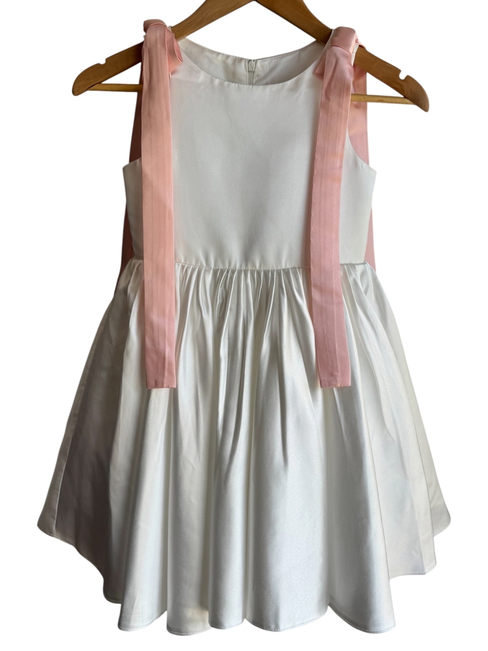 Girls Size 6/7 White Satin Dress Pink Ribbon Bows Flower Girl Formal Party